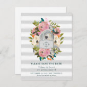 Waterverf Bloemen en Grijze Strepen Bewaar de Datu Aankondigingskaart (Voorkant / Achterkant)