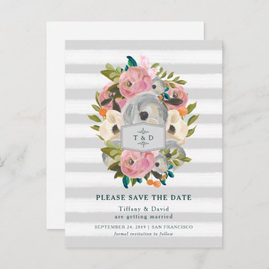 Waterverf Bloemen en Grijze Strepen Bewaar de Datu Aankondigingskaart (Voorkant / Achterkant)