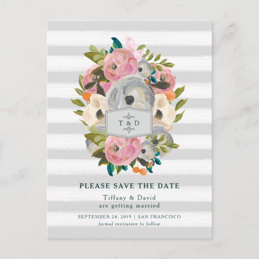 Waterverf Bloemen en Grijze Strepen Bewaar de Datu Aankondigingskaart (Voorkant)