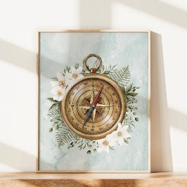 Waterverf Bloemen en Groene Bladeren Bloemkompas Poster