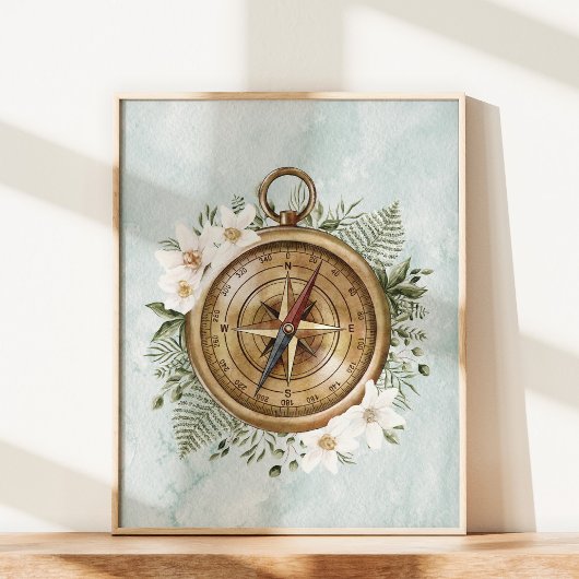 Waterverf Bloemen en Groene Bladeren Bloemkompas Poster