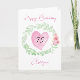Waterverf Bloemen en Hart 75ste Verjaardag Kaart