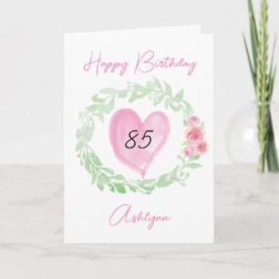 Waterverf Bloemen en Hart 85ste Verjaardag Kaart