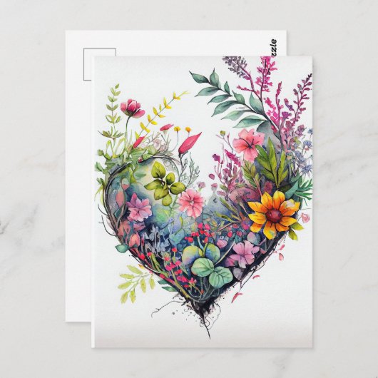 waterverf bloemen en hartliefdeskaart briefkaart (Voorkant / Achterkant)