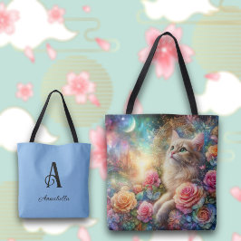  Waterverf bloemen en kattenmonogram Tote Bag