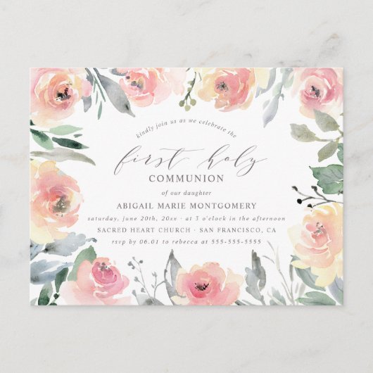 Waterverf bloemen en olievlek eerste Heilige Commu Uitnodiging Briefkaart (Voorkant)