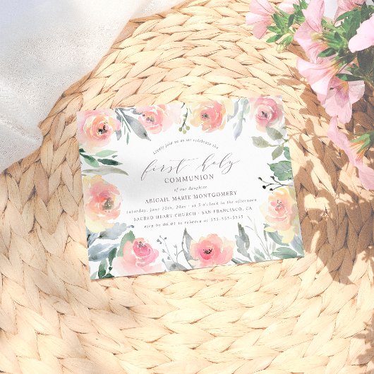 Waterverf bloemen en olievlek eerste Heilige Commu Uitnodiging Briefkaart