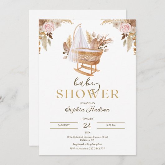 Waterverf Bloemen en Pampas Grass Baby shower Kaart (Voorkant / Achterkant)