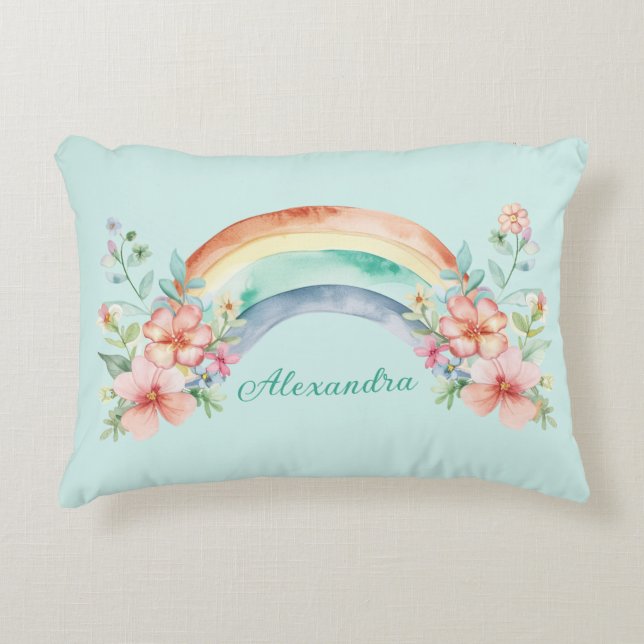 Waterverf bloemen en regenboog Accent Kussen (Voorkant)