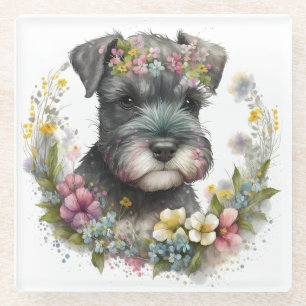 Waterverf Bloemen en Schnauzer Puppy Glazen Onderzetter