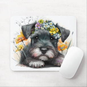 Waterverf Bloemen en Schnauzer Puppy Muismat