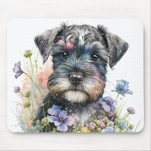 Waterverf Bloemen en Schnauzer Puppy Muismat