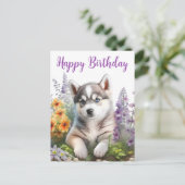 Waterverf Bloemen en Siberische Husky Puppy Briefkaart (Staand voorkant)