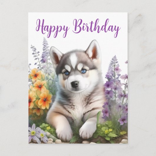 Waterverf Bloemen en Siberische Husky Puppy Briefkaart (Voorkant)