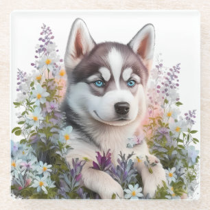Waterverf Bloemen en Siberische Husky Puppy Glazen Onderzetter