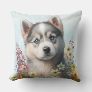 Waterverf Bloemen en Siberische Husky Puppy Kussen