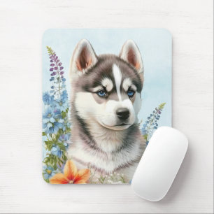 Waterverf Bloemen en Siberische Husky Puppy Muismat