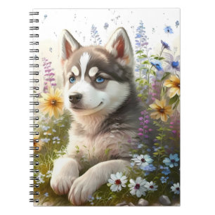 Waterverf Bloemen en Siberische Husky Puppy Notitieboek