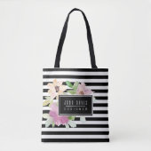 Waterverf bloemen en strips tote bag (Voorkant)