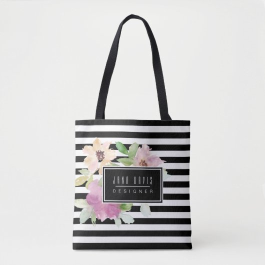 Waterverf bloemen en strips tote bag (Voorkant)