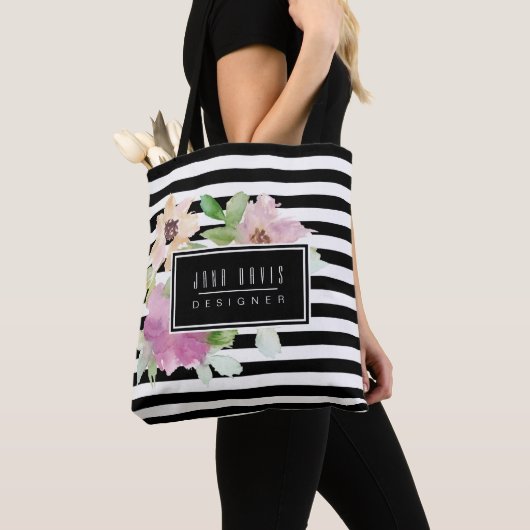 Waterverf bloemen en strips tote bag (Dichtbij)