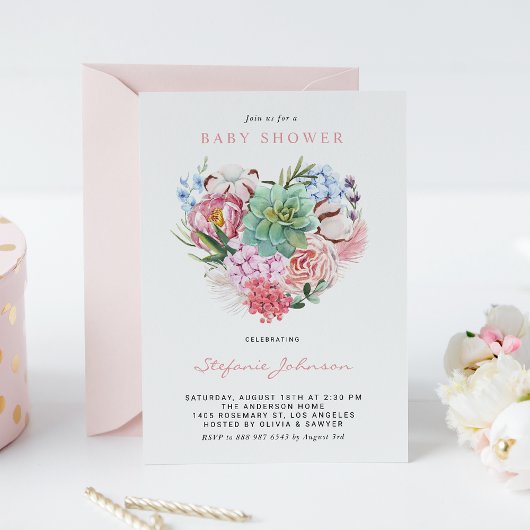 Waterverf bloemen en Succulent Heart Baby shower Kaart