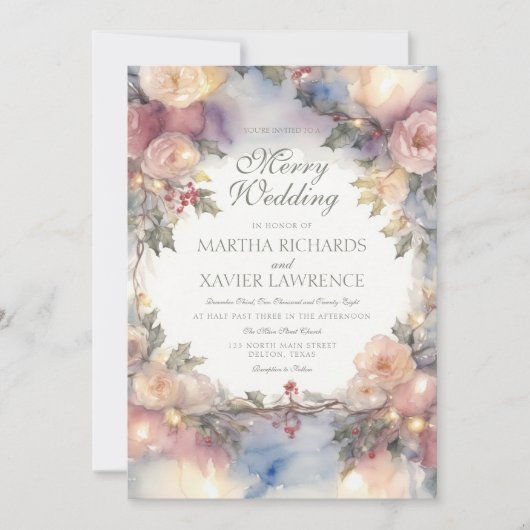 Waterverf Bloemen en Vakantie Lichten Bruiloft Kaart (Voorkant)