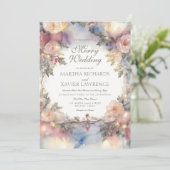 Waterverf Bloemen en Vakantie Lichten Bruiloft Kaart (Staand voorkant)