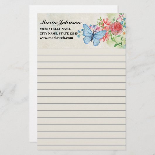 waterverf bloemen en vlinder bedrijf gelinieerd briefpapier (Voorkant / Achterkant)