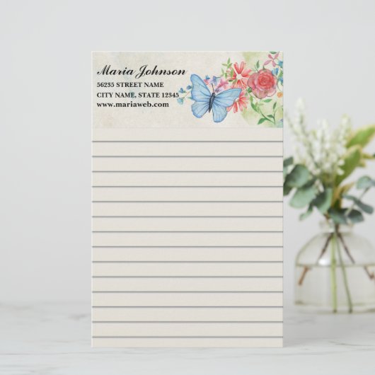 waterverf bloemen en vlinder bedrijf gelinieerd briefpapier (Staand voorkant)