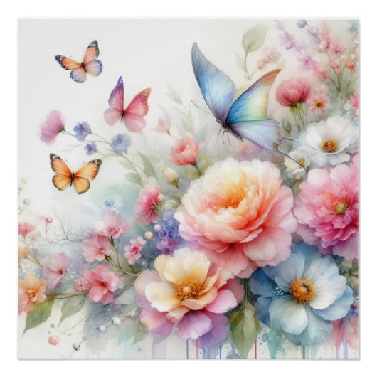 Waterverf Bloemen- en Vlinderdans Perfect Poster (Voorkant)