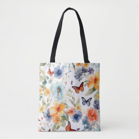 Waterverf bloemen en vlinders Botanische Print Tote Bag (Voorkant)