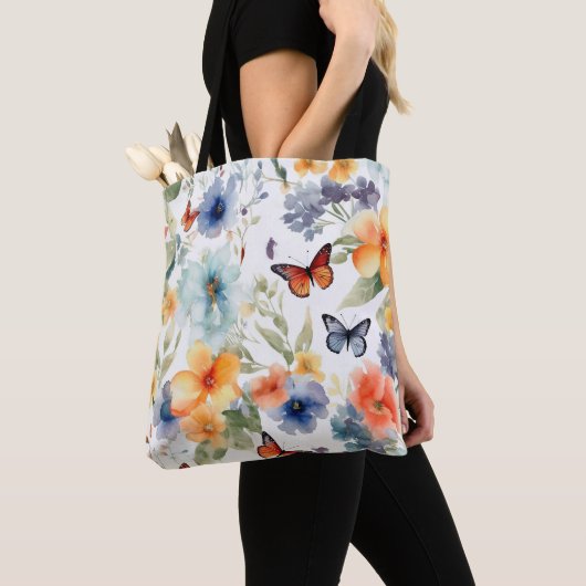 Waterverf bloemen en vlinders Botanische Print Tote Bag (Dichtbij)