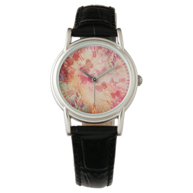 Waterverf bloemen en vlinders, dames Watch Horloge (Voorkant)
