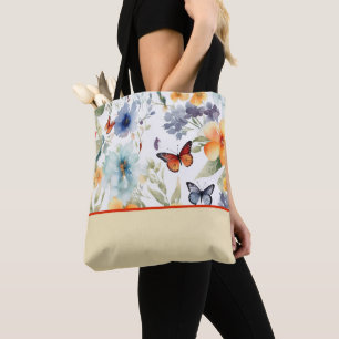 Waterverf bloemen en vlinders, kleurenblok tote bag