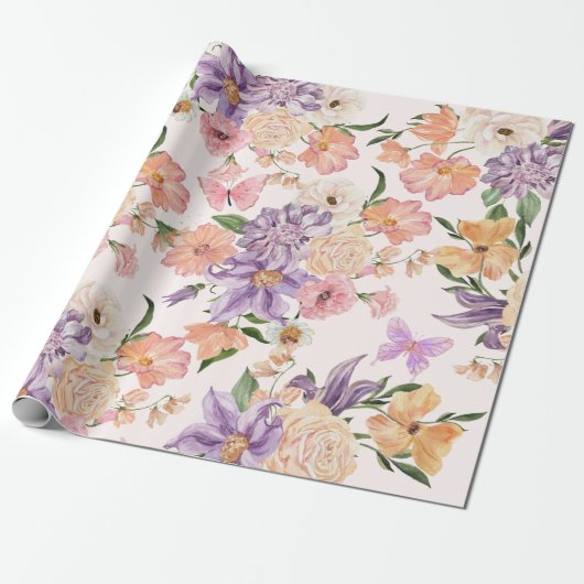 Waterverf bloemen en vlinders wilde bloem roze cadeaupapier (Uitgerold)