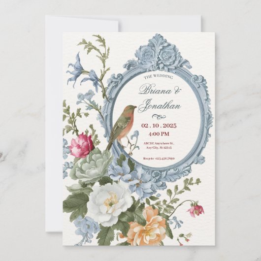 Waterverf Bloemen en Vogel lijst Artistieke Bruilo Kaart (Voorkant)
