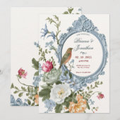 Waterverf Bloemen en Vogel lijst Artistieke Bruilo Kaart (Voorkant / Achterkant)