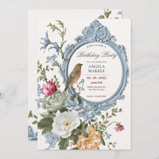 Waterverf bloemen en vogel lijst Verjaardag Kaart (Voorkant / Achterkant)