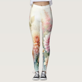 Waterverf Bloemen en zee en schelpen op het strand Leggings