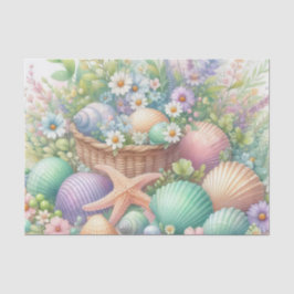 Waterverf Bloemen en zee en schelpen op het strand Tissuepapier