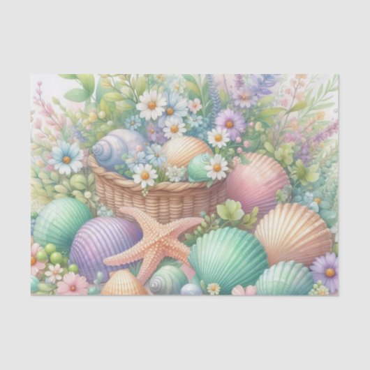 Waterverf Bloemen en zee en schelpen op het strand Tissuepapier (Voorkant)