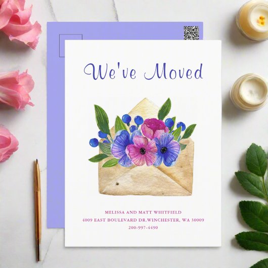Waterverf Bloemen Envelop L We hebben Verhuisd Nie Briefkaart