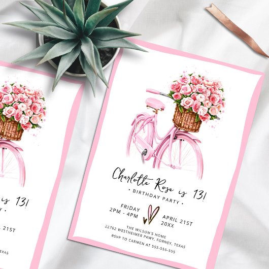 Waterverf Bloemen Fiets Roze Verjaardagsfeest Kaart