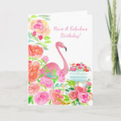 Waterverf bloemen, flamingo en Cake Birthday Kaart (Voorkant)