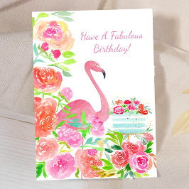 Waterverf Bloemen, Flamingo En Taart Verjaardag Kaart