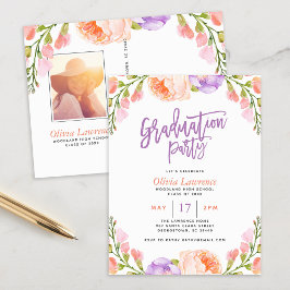 Waterverf Bloemen Foto Afstudeerfeest Uitnodigen Uitnodiging Briefkaart