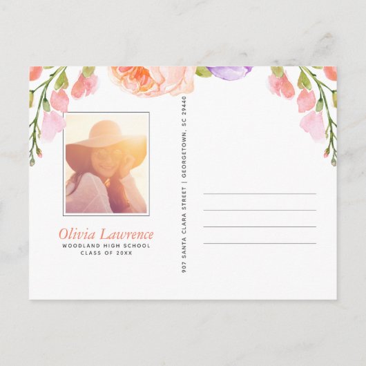 Waterverf Bloemen Foto Afstudeerfeest Uitnodigen Uitnodiging Briefkaart (Achterkant)