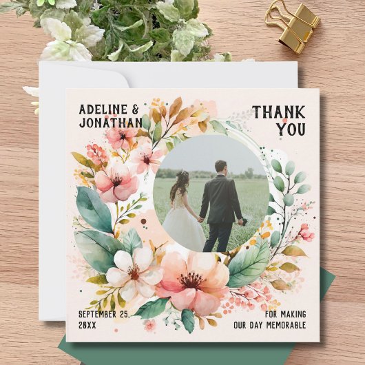 Waterverf Bloemen Foto Bruiloft Flat Bedankkaart