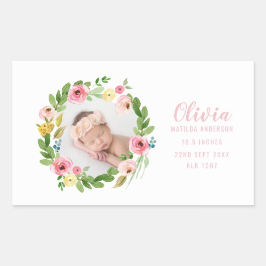 Waterverf Bloemen Foto Geboorte Aankondiging Rechthoekige Sticker (Voorkant)
